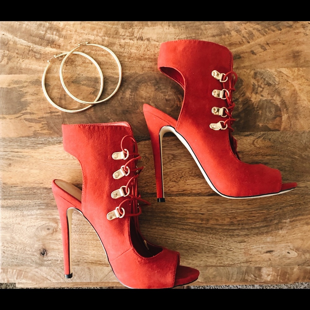 Shoedazzle Red Open Toe Lace-up Stiletto Size 8.5